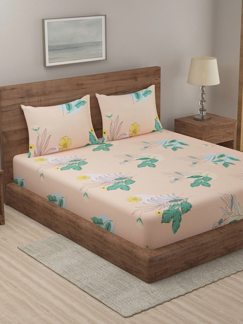 

TAG 7 Peach-Coloured & Blue Floral 210 TC Cotton 2 King Bedsheets with 4 Pillow Covers