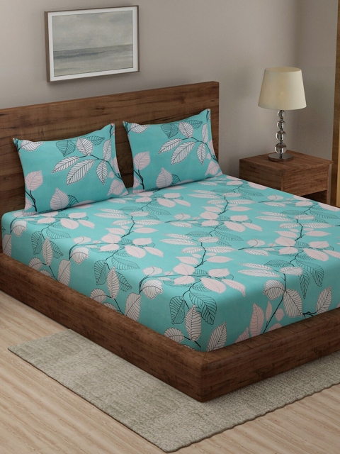 

TAG 7 Turquoise Blue & Grey Floral 210 TC 2 King Bedsheet with 4 Pillow Covers
