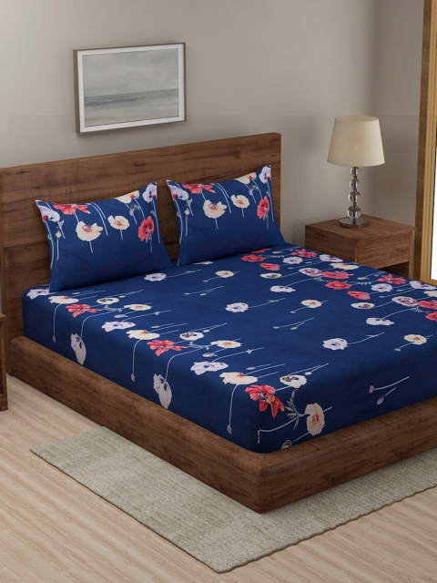 

TAG 7 Set Of 2 Turquoise Blue & Blue Floral 210 TC 2 King Bedsheet with 4 Pillow Covers