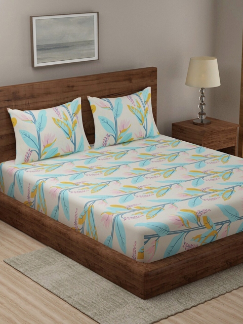 

TAG 7 Set Of 2 White & Blue Floral 210 TC 2 King Bedsheet with 4 Pillow Covers