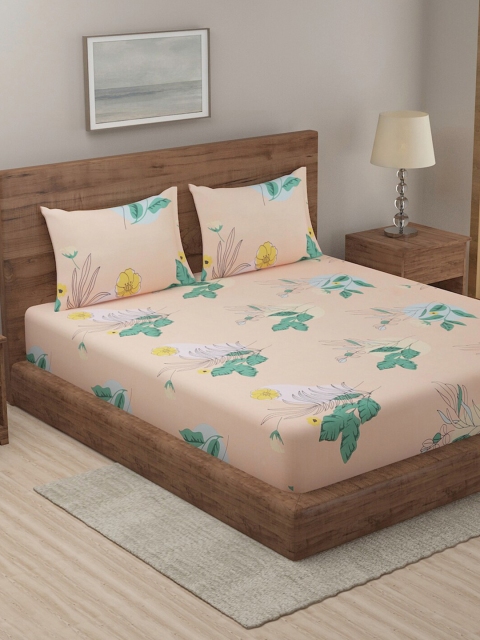 

TAG 7 Set Of 2 Beige & Blue Floral 210 TC 2 King Bedsheet with 4 Pillow Covers