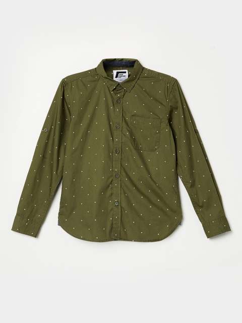 

Fame Forever by Lifestyle Boys Olive Green Opaque Pure Cotton Printed Casual Shirt