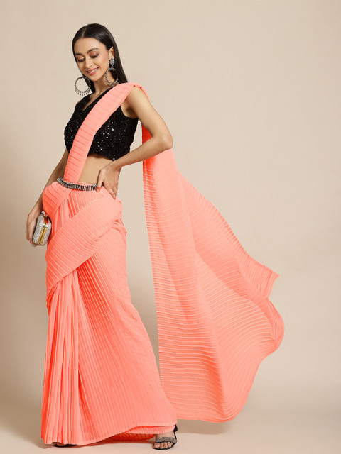 

Tikhi Imli Peach-Coloured Pleated Georgette Saree