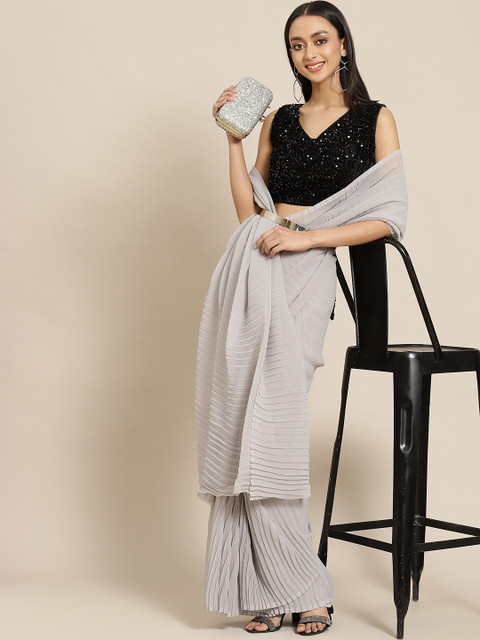 

Tikhi Imli Grey Pleated Georgette Saree