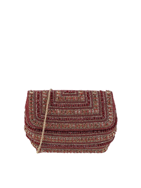 

Mochi Maroon & Gold-Toned Embellished Envelope Clutch