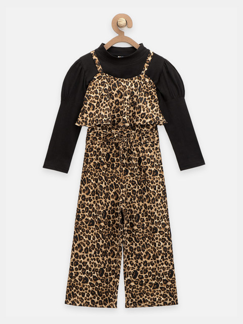 

LilPicks Girls Black & Brown Tiger Printed Pure Cotton Pinafore Jumpsuit & High-Neck Set