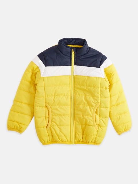 

Pantaloons Junior Boys Yellow & Navy Blue Colourblocked Quilted Jacket