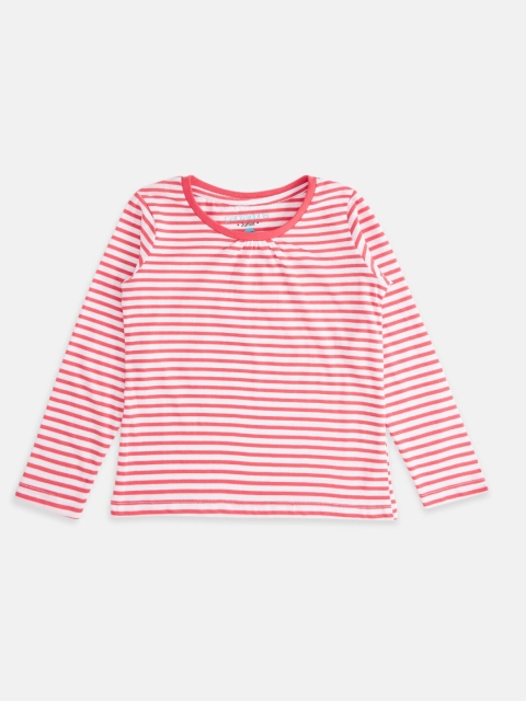 

Pantaloons Junior Girls Coral Pink & White Striped Pure Cotton T-shirt