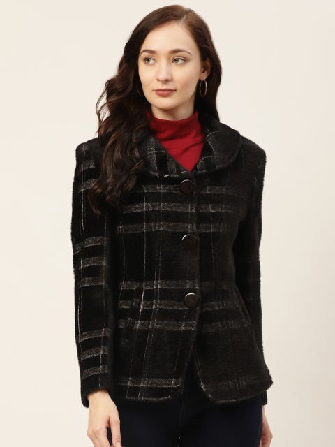 

BROOWL Women Black Self Checked Faux Fur Over Coat