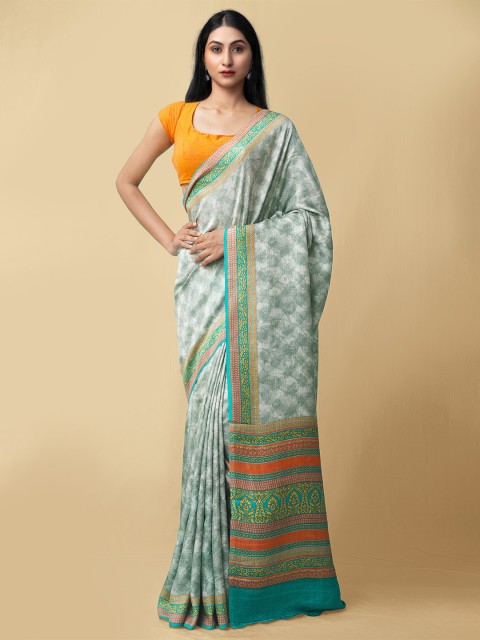 

Unnati Silks Green & Orange Ethnic Motifs Pure Silk Baluchari Saree