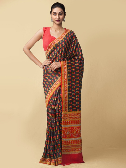 

Unnati Silks Black & Red Floral Pure Silk Baluchari Saree