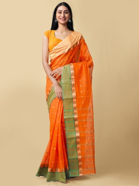 

Unnati Silks Women Orange & Green Pure Handloom Bengal Tant Cotton Sustainable Saree