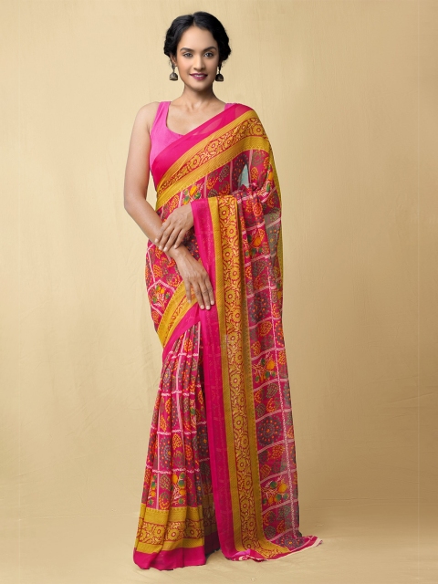 

Unnati Silks Pink & Yellow Printed Art Chiffon Saree