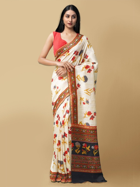 

Unnati Silks Cream-Coloured & Black Floral Handloom Pure Silk Baluchari Saree