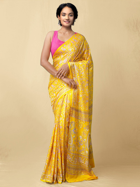 

Unnati Silks Yellow & Grey Ethnic Motifs Block Print Saree