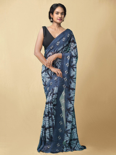 

Unnati Silks Grey & Black Block Print Saree