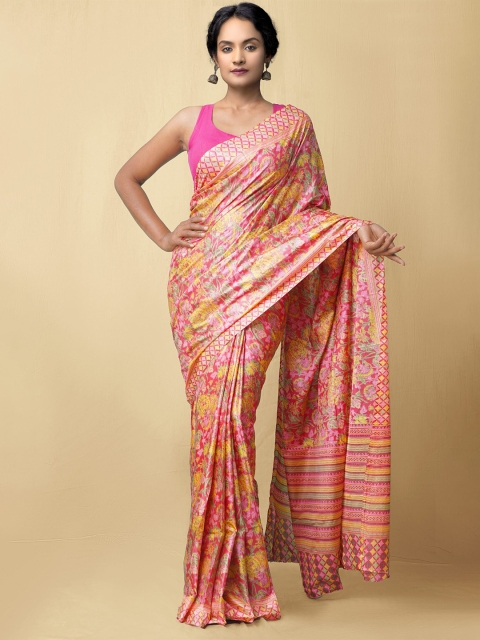 

Unnati Silks Red & Yellow Floral Block Print Saree