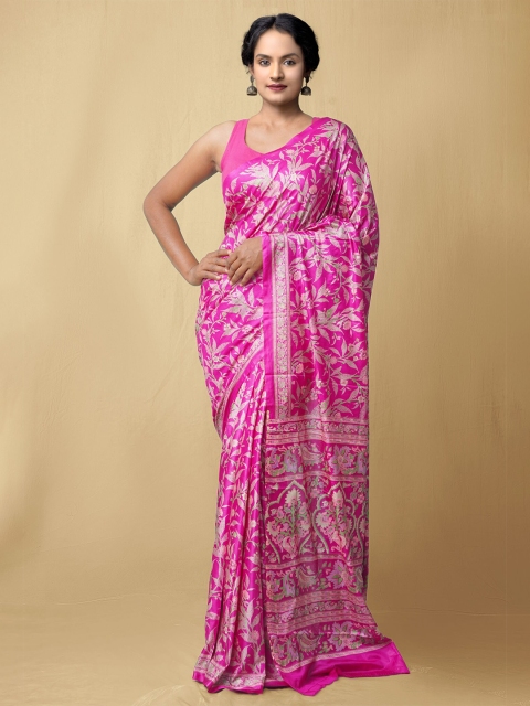 

Unnati Silks Pink & Silver-Toned Floral Block Print Crepe Silk Saree