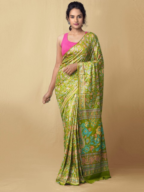

Unnati Silks Green & Blue Floral Printed Art Crepe Silk Saree
