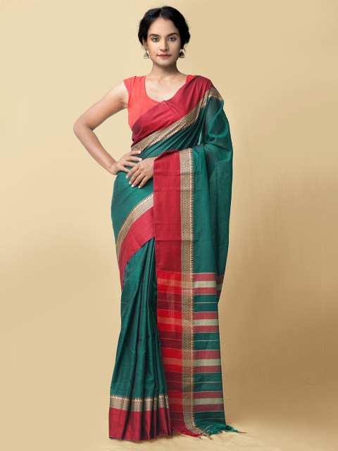 

Unnati Silks Green & Red Zari Pure Cotton Narayan Peth Saree