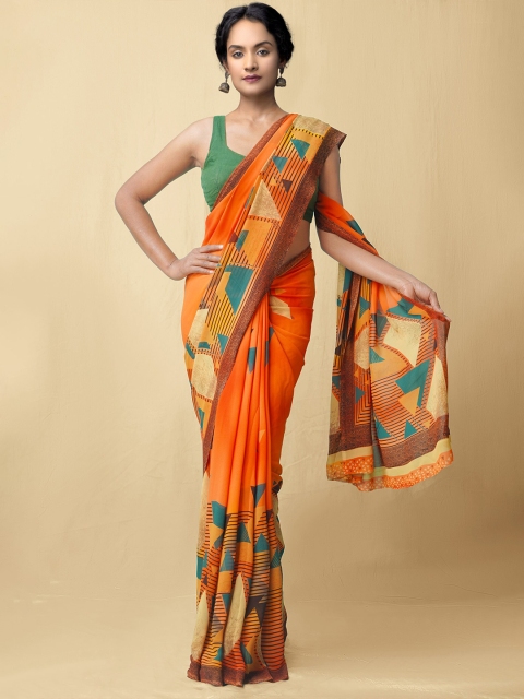 

Unnati Silks Orange & Green Block Print Saree