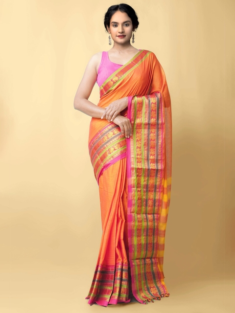 

Unnati Silks Orange & Pink Zari Pure Cotton Narayan Peth Saree