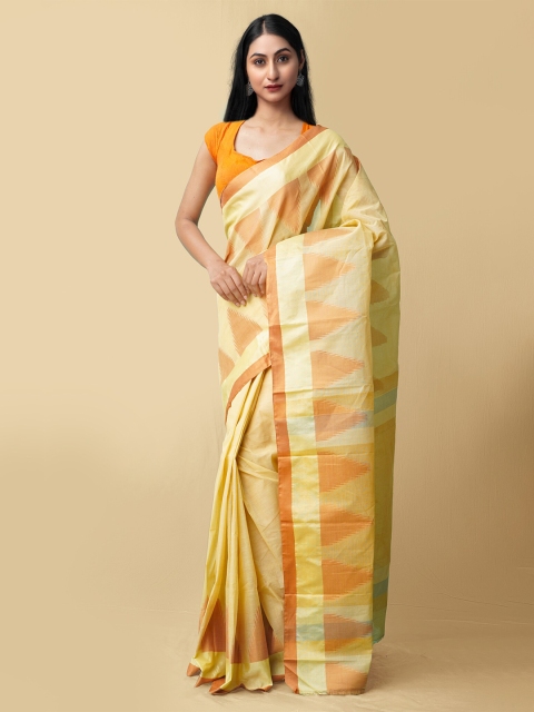 

Unnati Silks Brown & Yellow Dhaka Jamdhani Pure Cotton Taant Saree