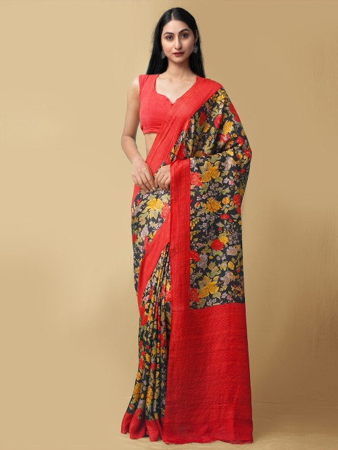 

Unnati Silks Black & Red Floral Pure Silk Baluchari Saree