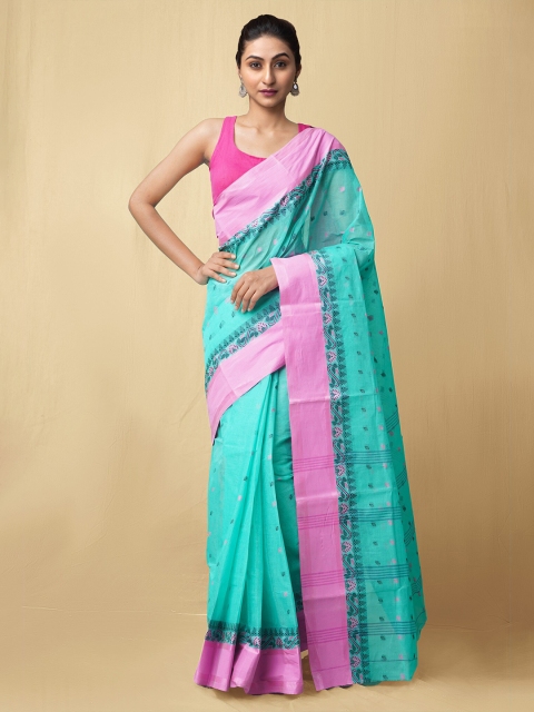 

Unnati Silks Turquoise Blue & Pink Woven Design Handloom Pure Cotton Taant Saree
