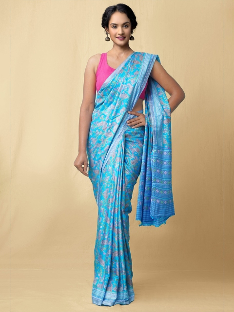 

Unnati Silks Blue & Pink Floral Printed Block Print Saree