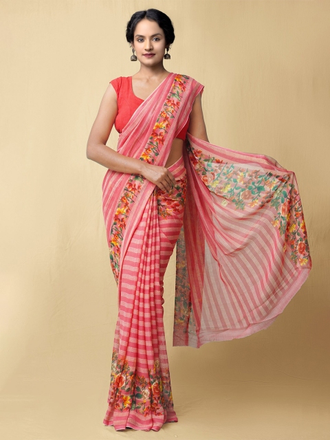 

Unnati Silks Pink & Yellow Floral Block Print Saree
