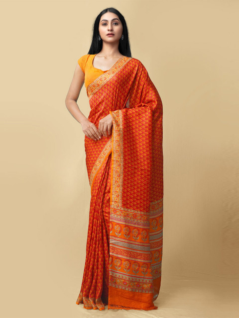 

Unnati Silks Red & Orange Ethnic Motifs Printed Bangalore Pure Silk Saree