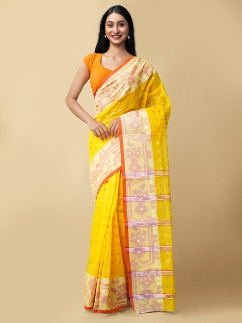 

Unnati Silks Yellow & Orange Woven Design Pure Cotton Taant Saree