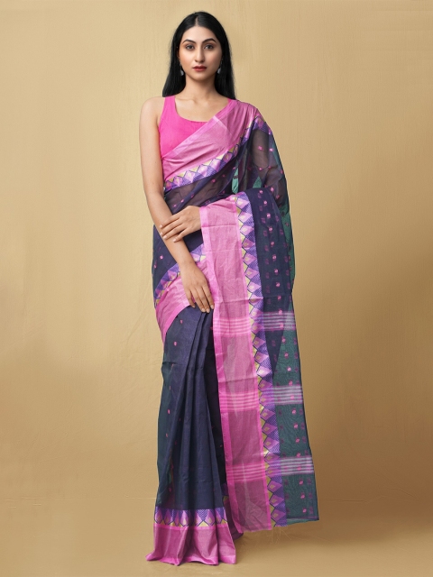 

Unnati Silks Navy Blue & Pink Woven Design Pure Cotton Taant Saree