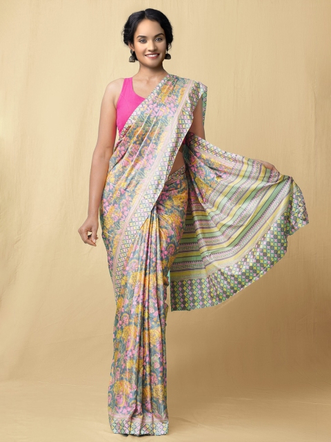

Unnati Silks Grey & Pink Floral Block Print Saree