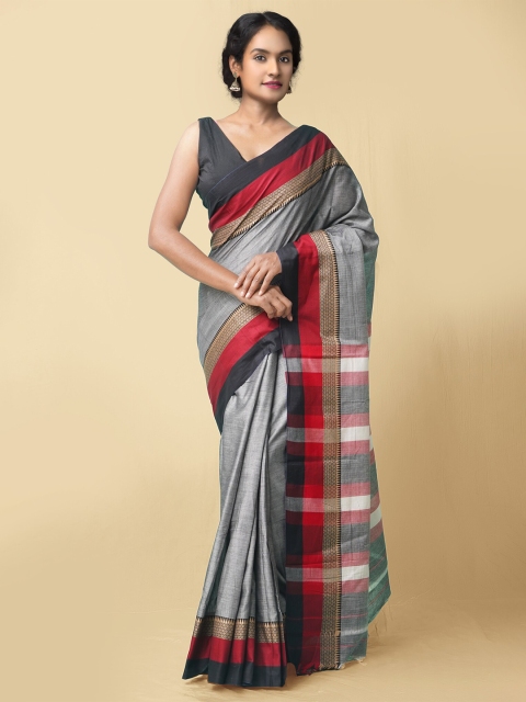 

Unnati Silks Grey & Red Woven Design Pure Cotton Narayan Peth Saree