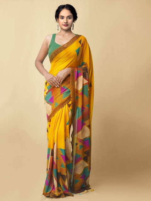 

Unnati Silks Yellow Geometric Printed Georgette Saree