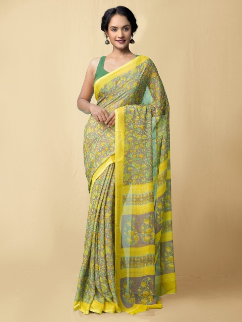 

Unnati Silks Women Grey & Yellow Printed Art Chiffon Saree