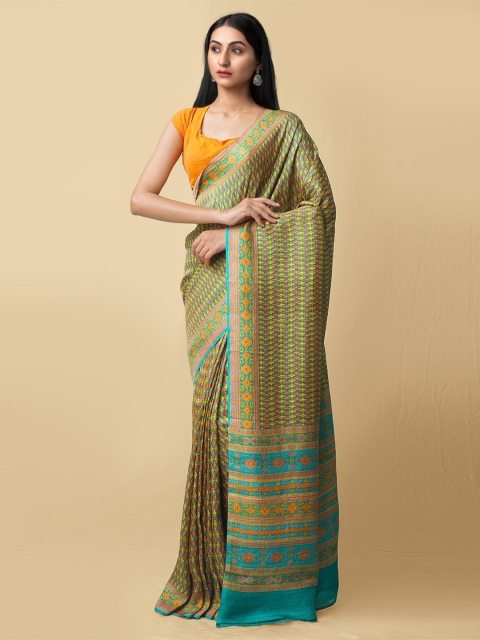 

Unnati Silks Blue & Orange Ethnic Motifs Pure Silk Baluchari Saree