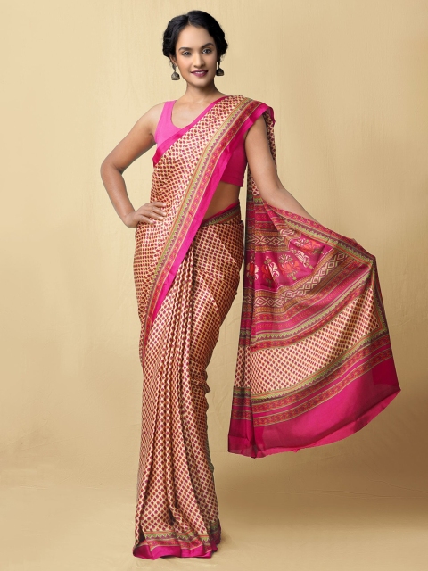 

Unnati Silks Brown & Fuchsia Ethnic Motifs Block Print Saree