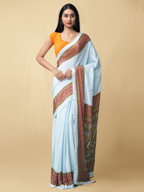 

Unnati Silks Blue & Pink Paisley Printed Crepe Art Silk Saree