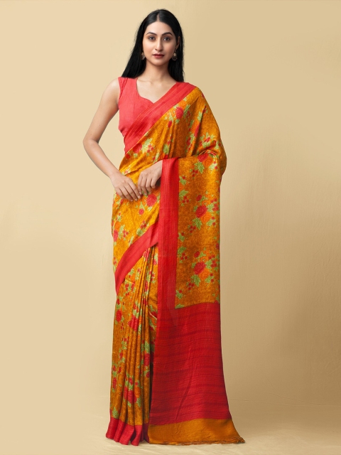 

Unnati Silks Orange & Red Floral Pure Silk Baluchari Saree