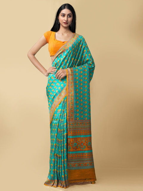 

Unnati Silks Green & Yellow Floral Pure Silk Baluchari Saree