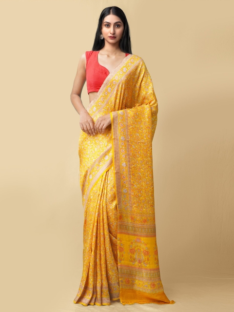 

Unnati Silks Yellow & Pink Floral Printed Pure Silk Baluchari Saree