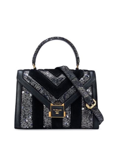

Da Milano Navy Blue Embellished Leather Structured Satchel with Cut Work
