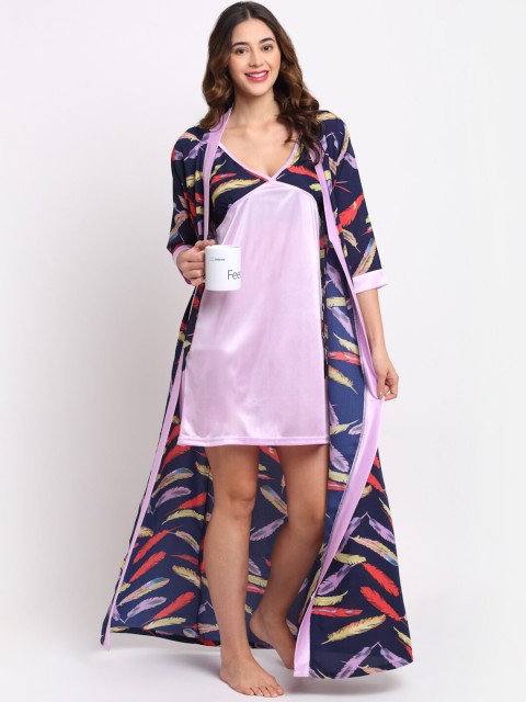 

Claura Pink & Navy Blue Printed Nightdress With Robe