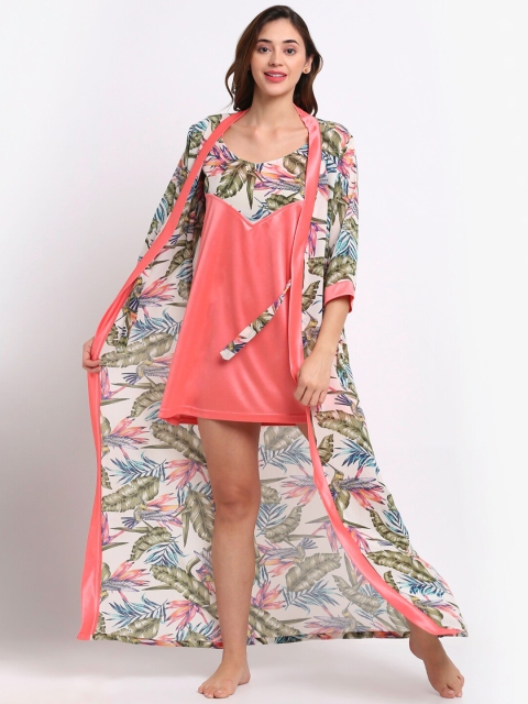 

Claura Peach-Coloured Printed Maxi Nightdress with Robe