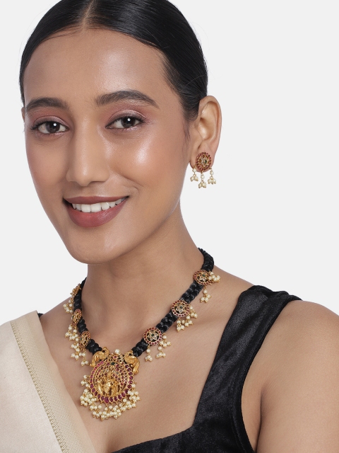 

Peora Matte Gold Finish Black Cotton Dori Jewellery Set