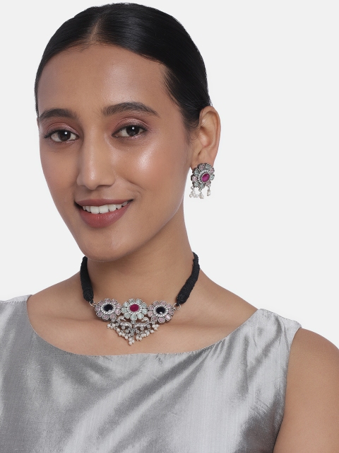 

Peora Pink & Green Oxidised Silver-Plated Embellished Tribal Afghani Jewellery Set