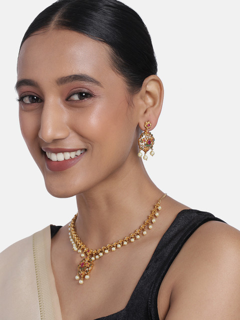 

Peora Matte Gold Finish Red & Green Traditional Jewellery Set, Multi